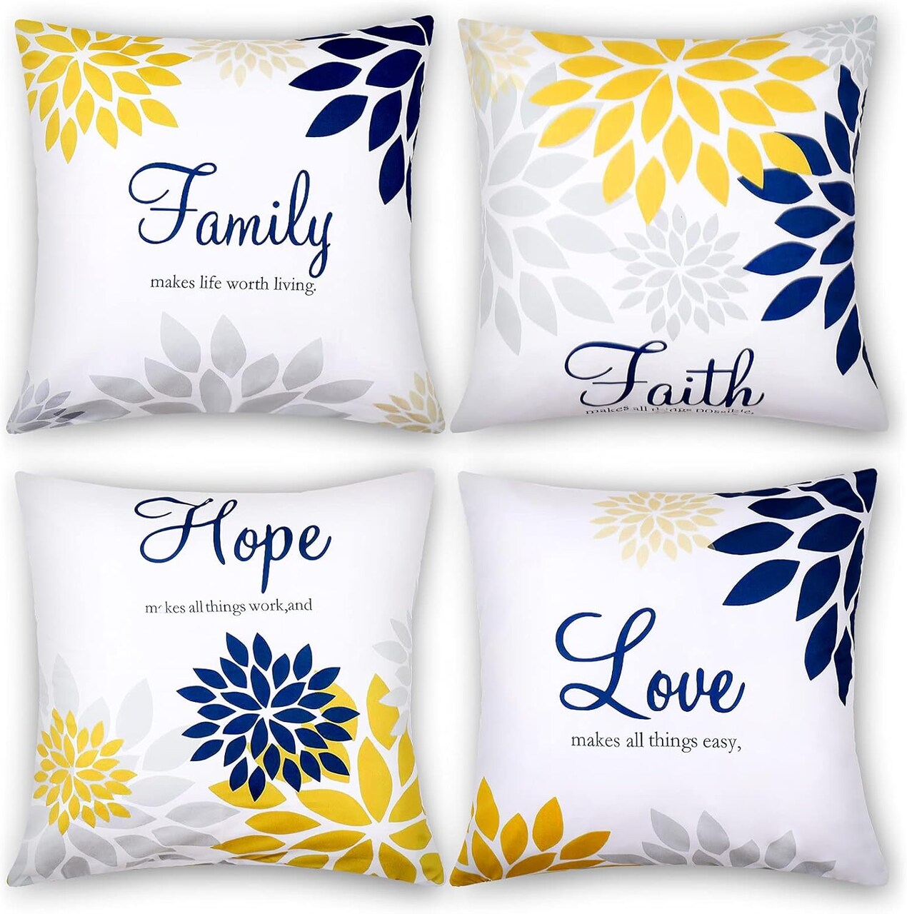 4 Pcs Yellow Flower Navy Pillow Covers Square Pillow Cushion Cases 18x18 Inch, Family Faith Hope Love Words Decorative Spring Summer Cushion Case for Sofa Bed(Yellow Series)